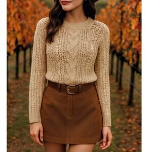 Small Tan Cable Knit Lightweight‎ Apricot Long Sleeve Stretchy Acrylic Sweater